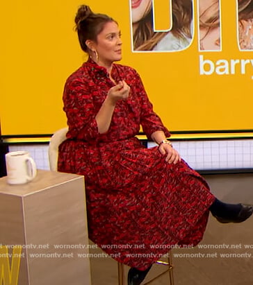 Drew's red lip print blouse and skirt on The Drew Barrymore Show