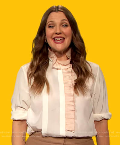 Drew's white ruffle trim blouse on The Drew Barrymore Show