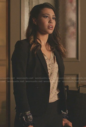Eva's black zip-pocket blazer on Dynasty