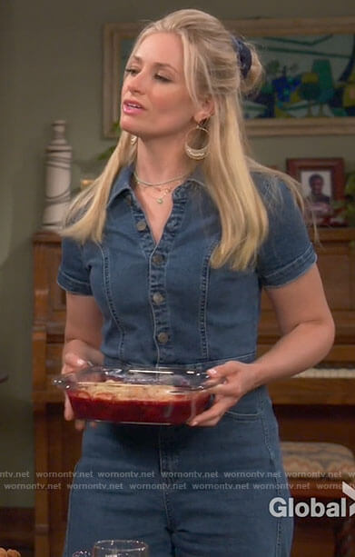 Gemma's denim wide leg jumpsuit on The Neighborhood