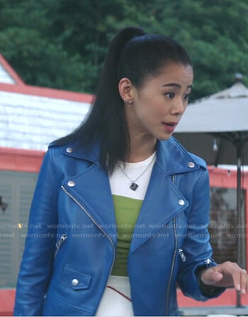 George's blue moto jacket on Nancy Drew