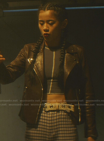 George's brown leather moto jacket on Nancy Drew