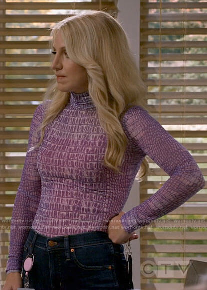 Gina's purple crocodile print mesh turtleneck top on B Positive