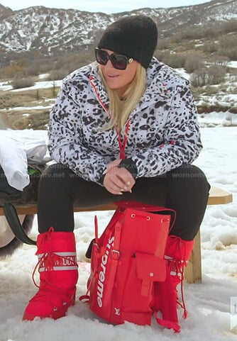 Heather's white animal print jacket and skit boots on The Real Housewives of Salt Lake City
