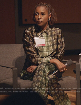 Issa's green ombre plaid shirt and pants on Insecure