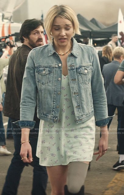Izzy's mint green floral dress and denim jacket on La Brea