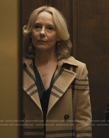 Jan's beige plaid coat on Only Murders in the Building