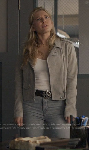 Jenny's grey suede moto jacket on Big Sky