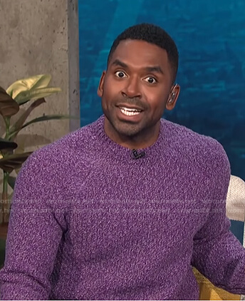 Justin's purple marled sweater on E! News Daily Pop