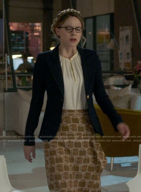 Kara's bag print skirt white keyhole blouse and navy blazer on Supergirl