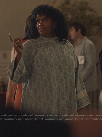 Kelli's blue Gucci logo lace trim dress on Insecure