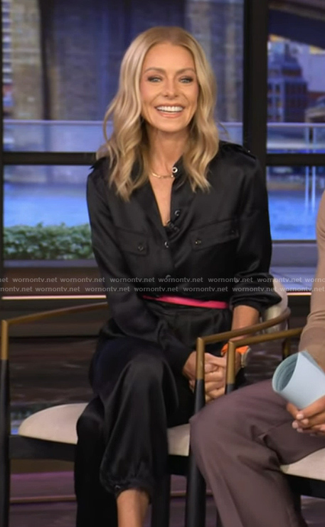 Kelly's black satin jumpsuit on Live with Kelly and Ryan