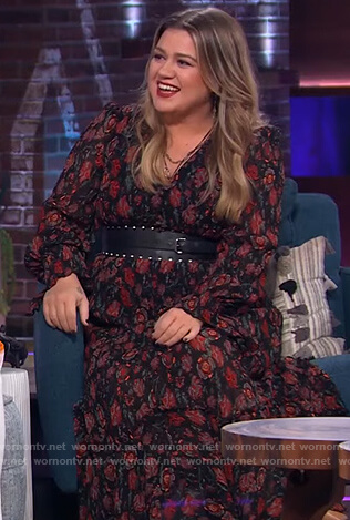 Kelly's black floral print midi dress on The Kelly Clarkson Show