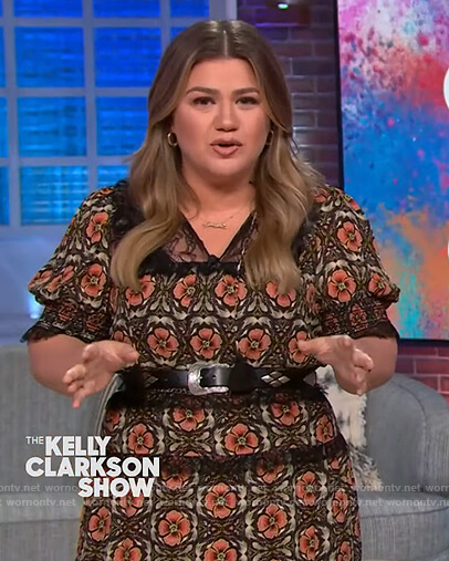 Kelly's black floral lace inset dress on The Kelly Clarkson Show