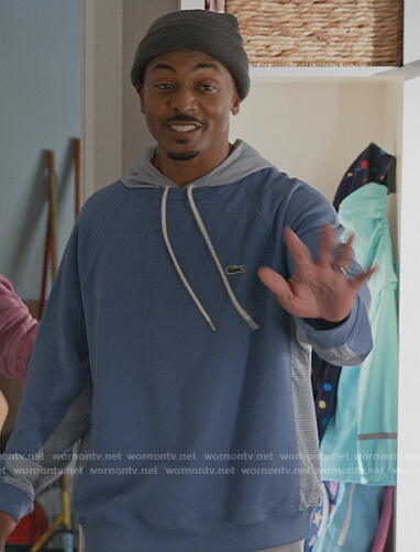 Jeff's blue contrast hooded sweatshirt on Queens