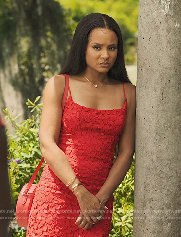 Lauren's red floral lace dress on Our Kind of People