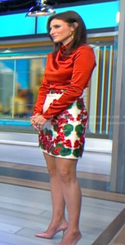 Laurie Segal's red draped blouse and floral skirt on CBS Mornings