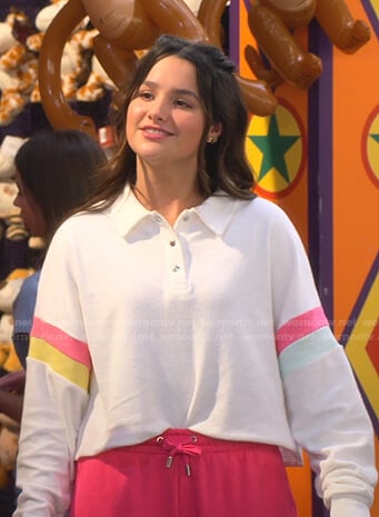 Lex's white striped long sleeve polo on Side Hustle