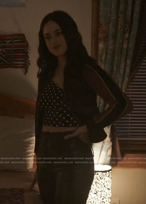 Liz's polka dot crop top and bomber jacket on Roswell New Mexico