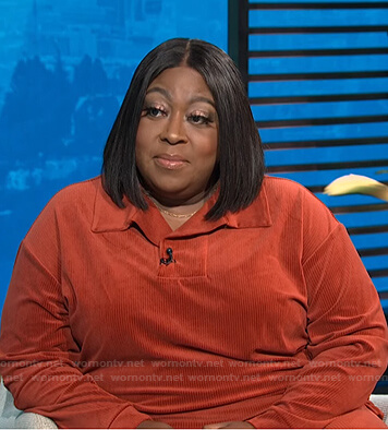 Loni's orange corduroy top and pants on E! News Daily Pop