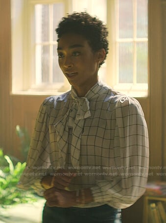 Marienne's white windowpane tie neck blouse on You