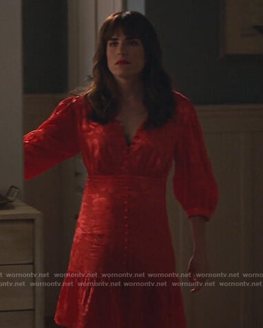Marina's red floral button down dress on Home Economics