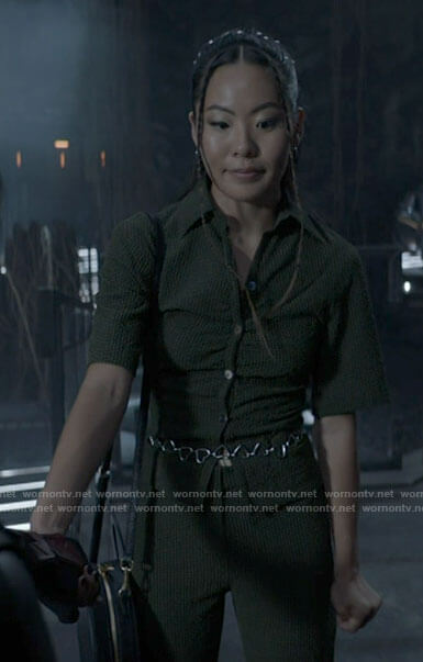 Mary's green textured button front top and pants set on Batwoman