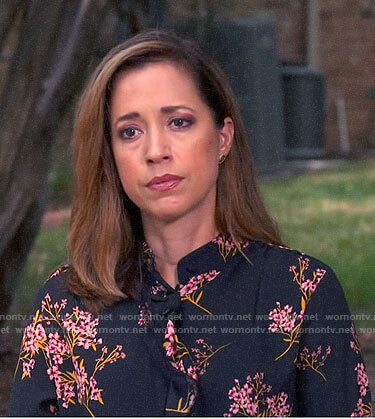 Mireya Villarreal’s black and pink floral blouse on CBS Saturday Morning