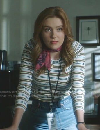 Nancy's striped puff sleeve top on Nancy Drew