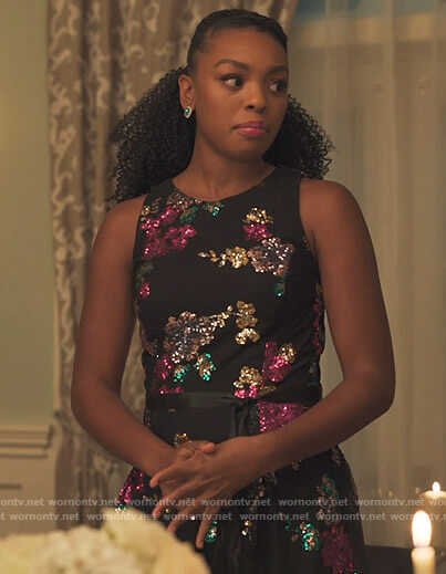 Nikki's black floral embellished dress on Our Kind of People