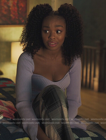 Nikki's purple ribbed sweater on Our Kind of People