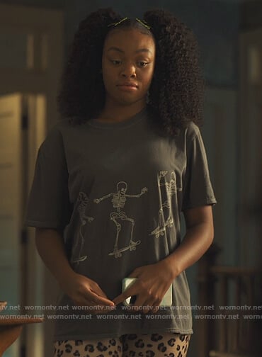 Nikki's skateboarding skeletons tee on Our Kind of People