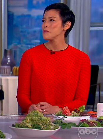 Pilar Valdes' red polka dot print blouse on The View
