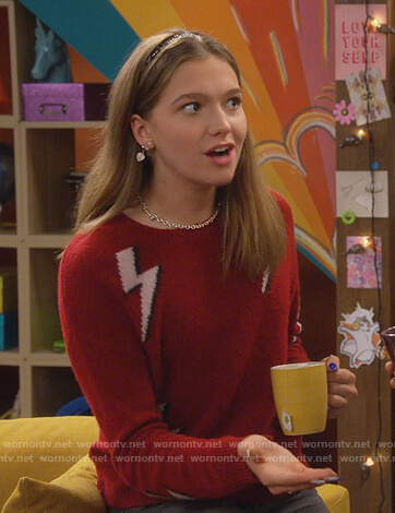 Presley's red bolt print sweater on Side Hustle