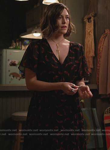 Sarah's black feather print dress on Home Economics