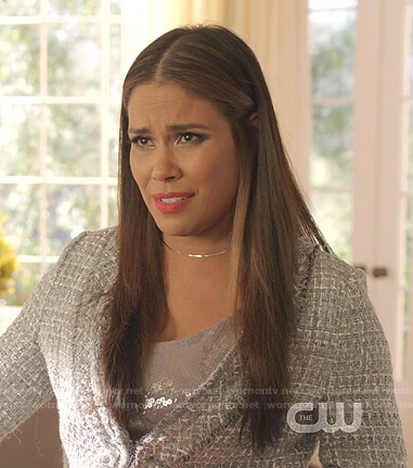 Cristal's grey sequin top and tweed jacket on Dynasty