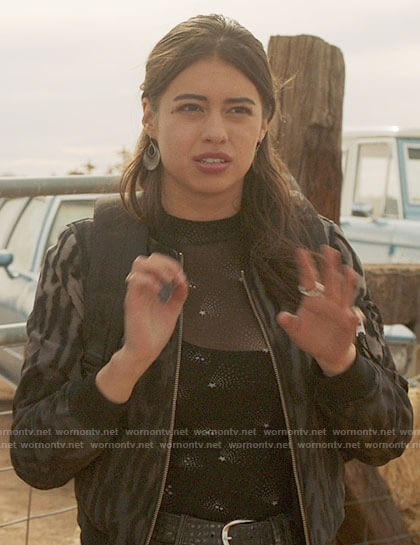Rosa's leopard print bomber jacket and star print top on Roswell New Mexico