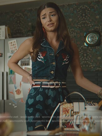 Ruby's floral embroidered denim vest on Sex Education