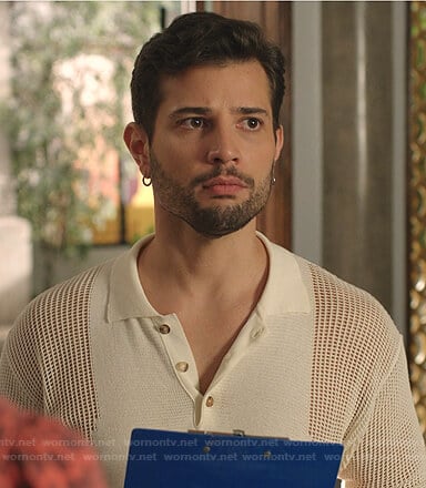 Sam's white mesh panel polo shirt on Dynasty