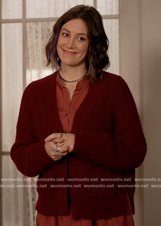 Sarah's burgundy knit cardigan on Home Economics