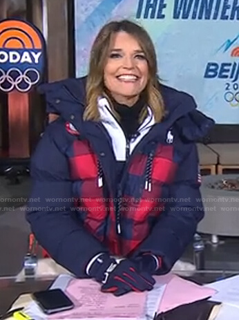 Savannah's navy and red check puffer jacket on Today