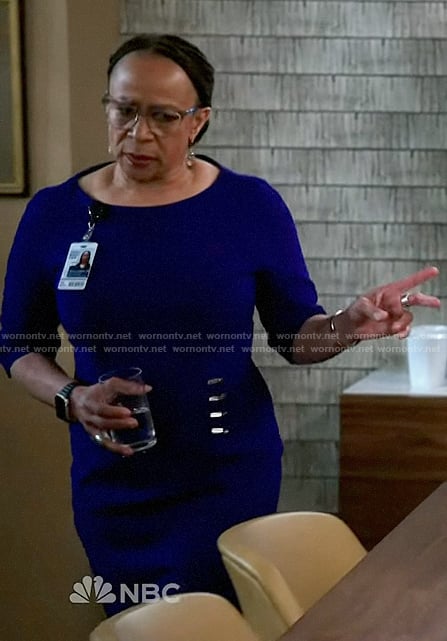 Sharon's purple sheath dress on Chicago Med