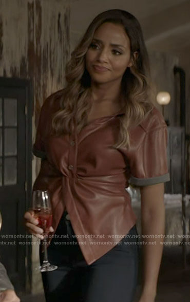 Sophie's tan leather twist front top on Batwoman