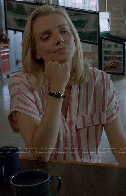 Sylvie's pink striped linen top on Chicago Fire