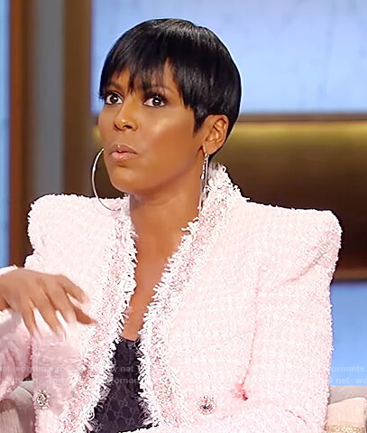 Tamron's pink tweed embellished blazer on Tamron Hall Show