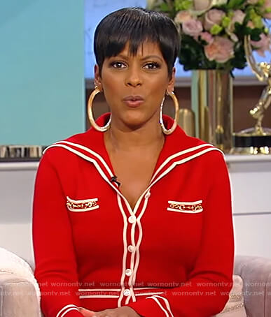 Tamron's red button down dress on Tamron Hall Show