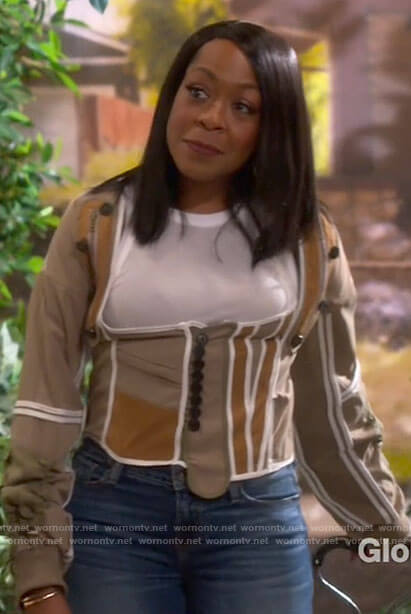 Tina's corset jacket on The Neighborhood
