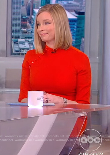 Kristen Soltis Anderson's orange button detail sheath dress on The View
