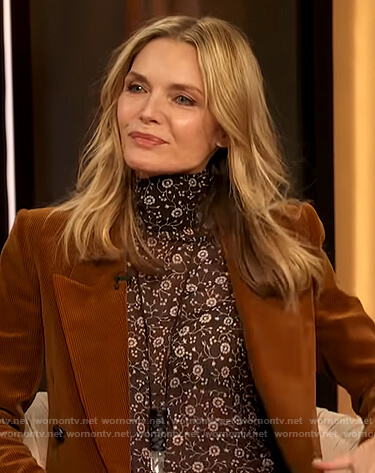 Michelle Pfeiffer's brown floral blouse and blazer on The Drew Barrymore Show