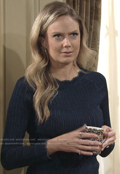 Abby's metallic blue scalloped trim sweater on The Young and the Restless